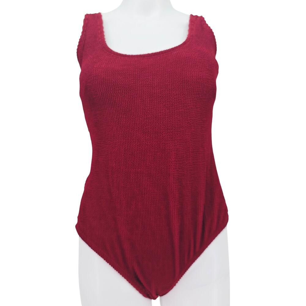 Kona Sol Textured Burgundy Bow One-Piece Swimsuit L New